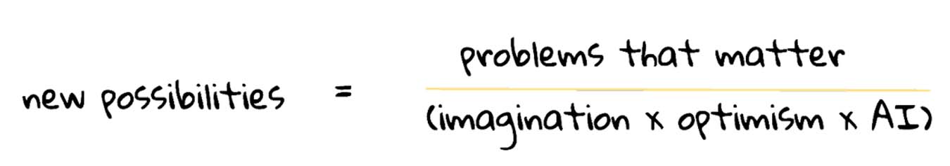 An image showing the equation 'New possibilities = problems that matter / (imagination x optimism x AI)