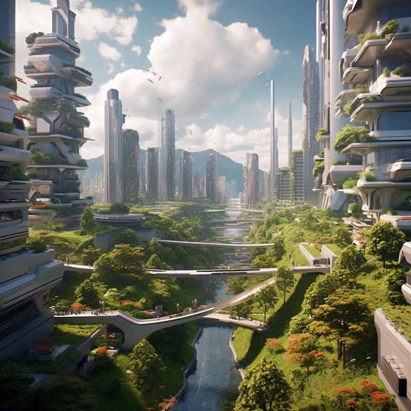 An image created used MidJourney illustrating a future city in 2030 without cars