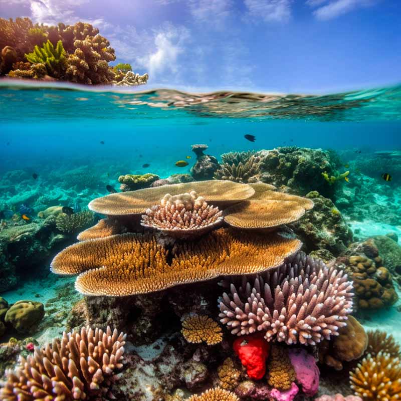An image created used MidJourney illustrating a flourishing reef with vibrant marine life